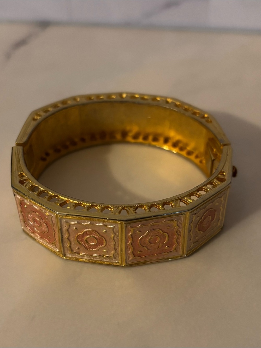 Gold-Tone Floral Enamel Hinged Bangle Bracelet - Pink Gold